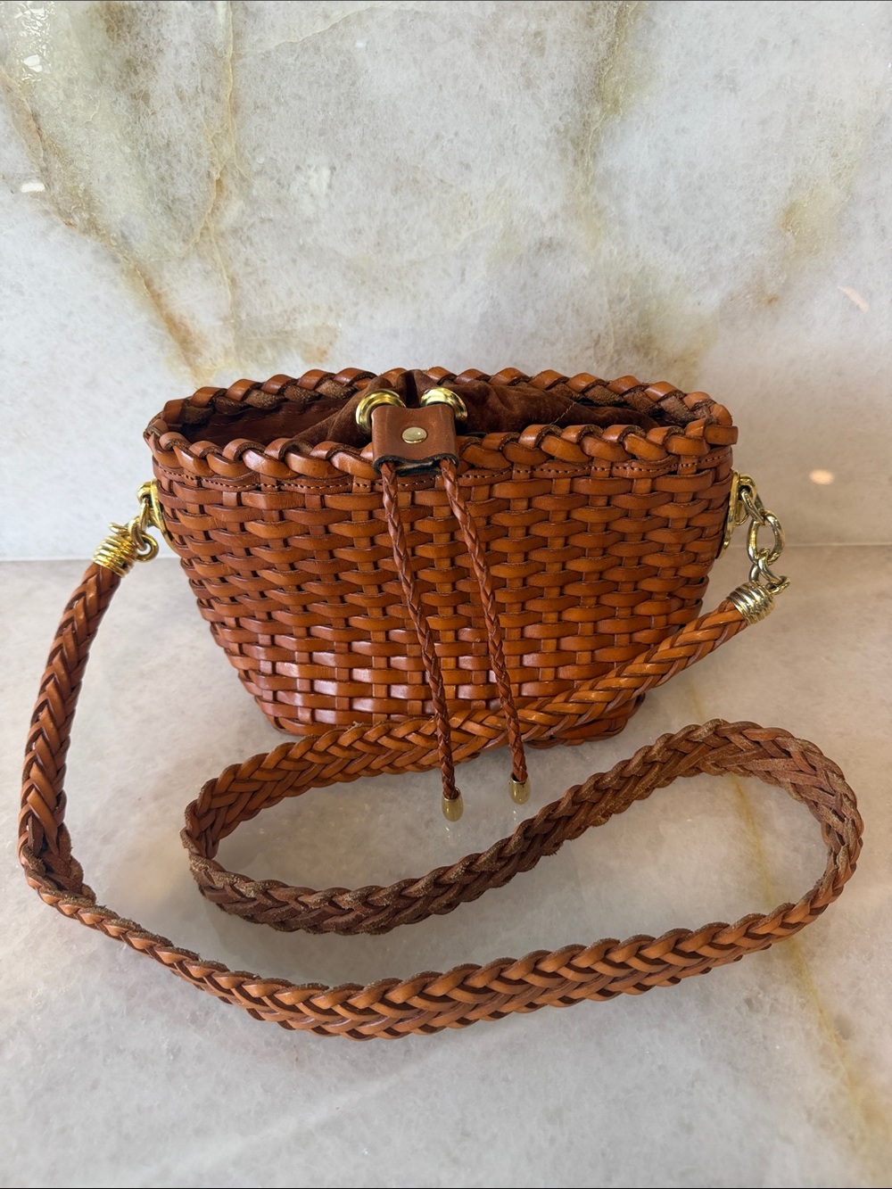 Braided Woven Bucket Crossbody Bag - Brown
